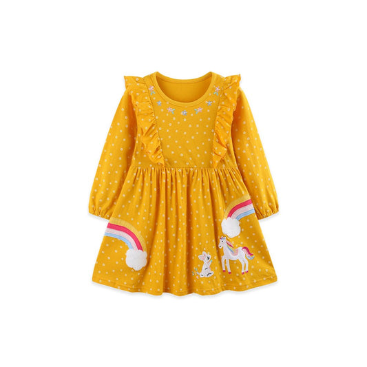 Baby Kids Girls Long Sleeves Cartoon and Flowers Pattern Dress