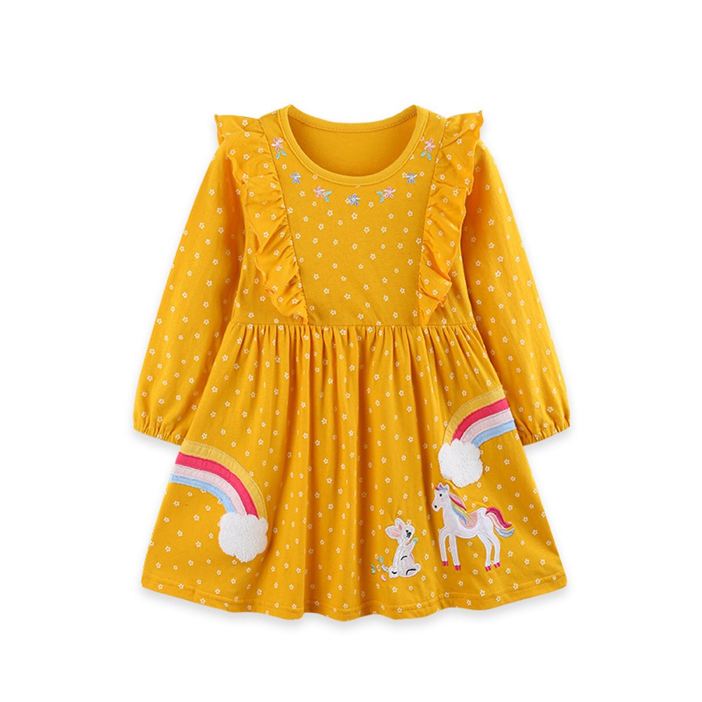 Baby Kids Girls Long Sleeves Cartoon and Flowers Pattern Dress
