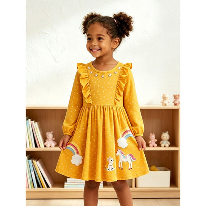 Baby Kids Girls Long Sleeves Cartoon and Flowers Pattern Dress
