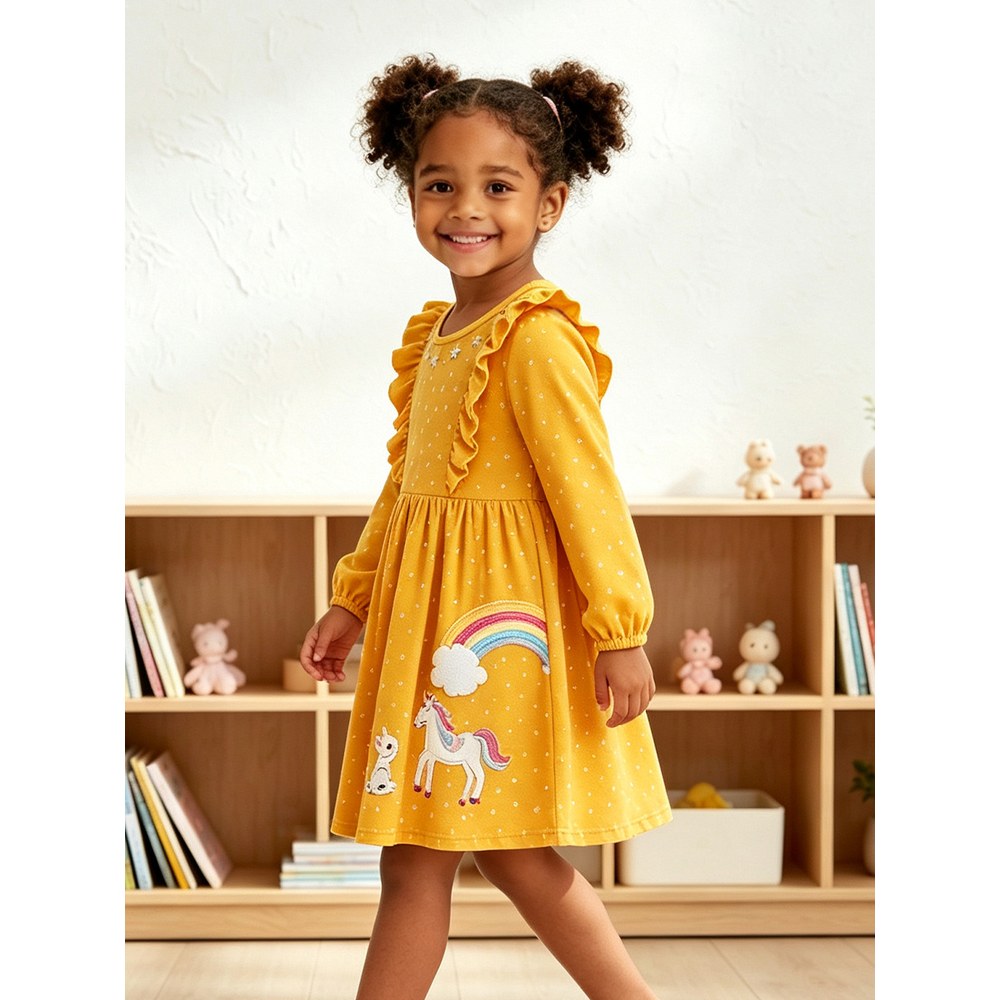 Baby Kids Girls Long Sleeves Cartoon and Flowers Pattern Dress