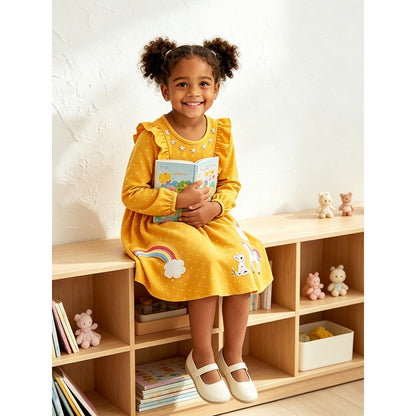Baby Kids Girls Long Sleeves Cartoon and Flowers Pattern Dress