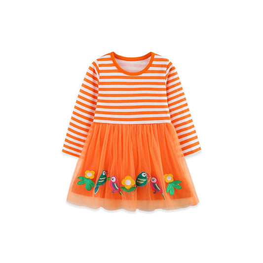 Baby Kids Girls Long Sleeves Cartoon and Flowers Pattern Dress