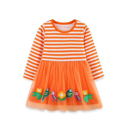 Baby Kids Girls Long Sleeves Cartoon and Flowers Pattern Dress