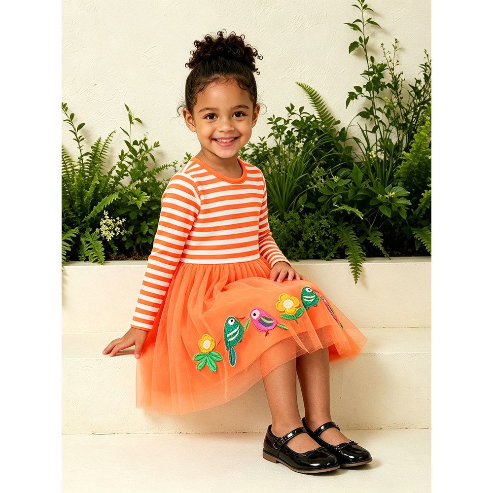 Baby Kids Girls Long Sleeves Cartoon and Flowers Pattern Dress