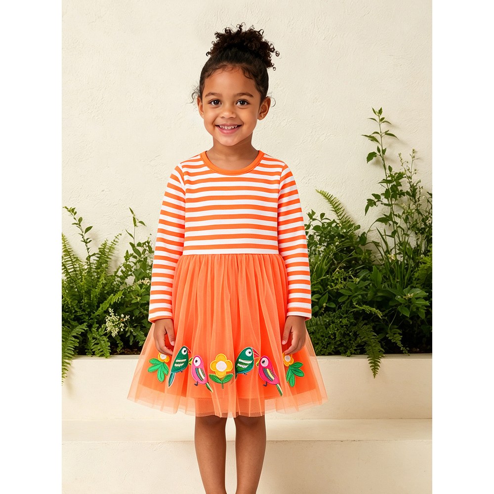 Baby Kids Girls Long Sleeves Cartoon and Flowers Pattern Dress