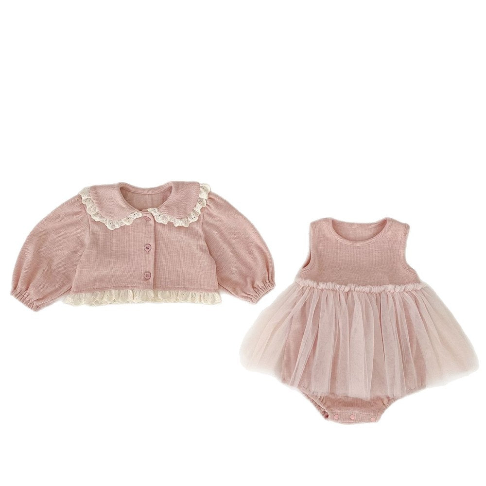 Baby Kids Girls Long Sleeves Lace Trim Cardigan and Sleeveless Bodysuit 2-Piece Clothing Sets