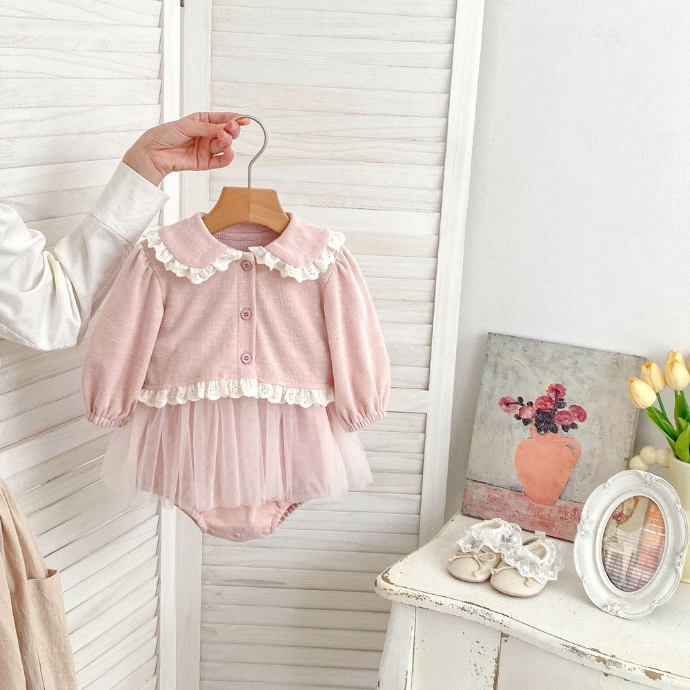 Baby Kids Girls Long Sleeves Lace Trim Cardigan and Sleeveless Bodysuit 2-Piece Clothing Sets