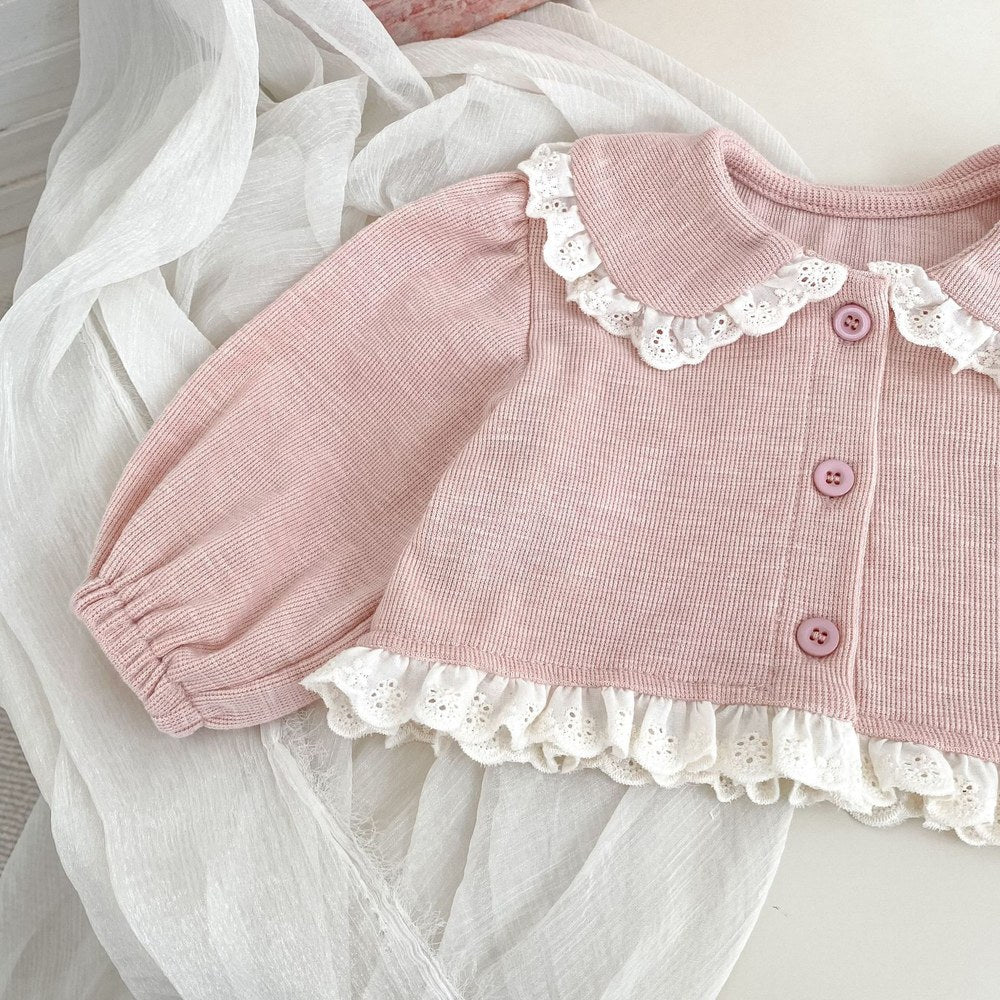 Baby Kids Girls Long Sleeves Lace Trim Cardigan and Sleeveless Bodysuit 2-Piece Clothing Sets