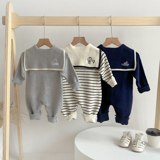 Baby Kids Unisex Long Sleeves Navy Collar Rompers