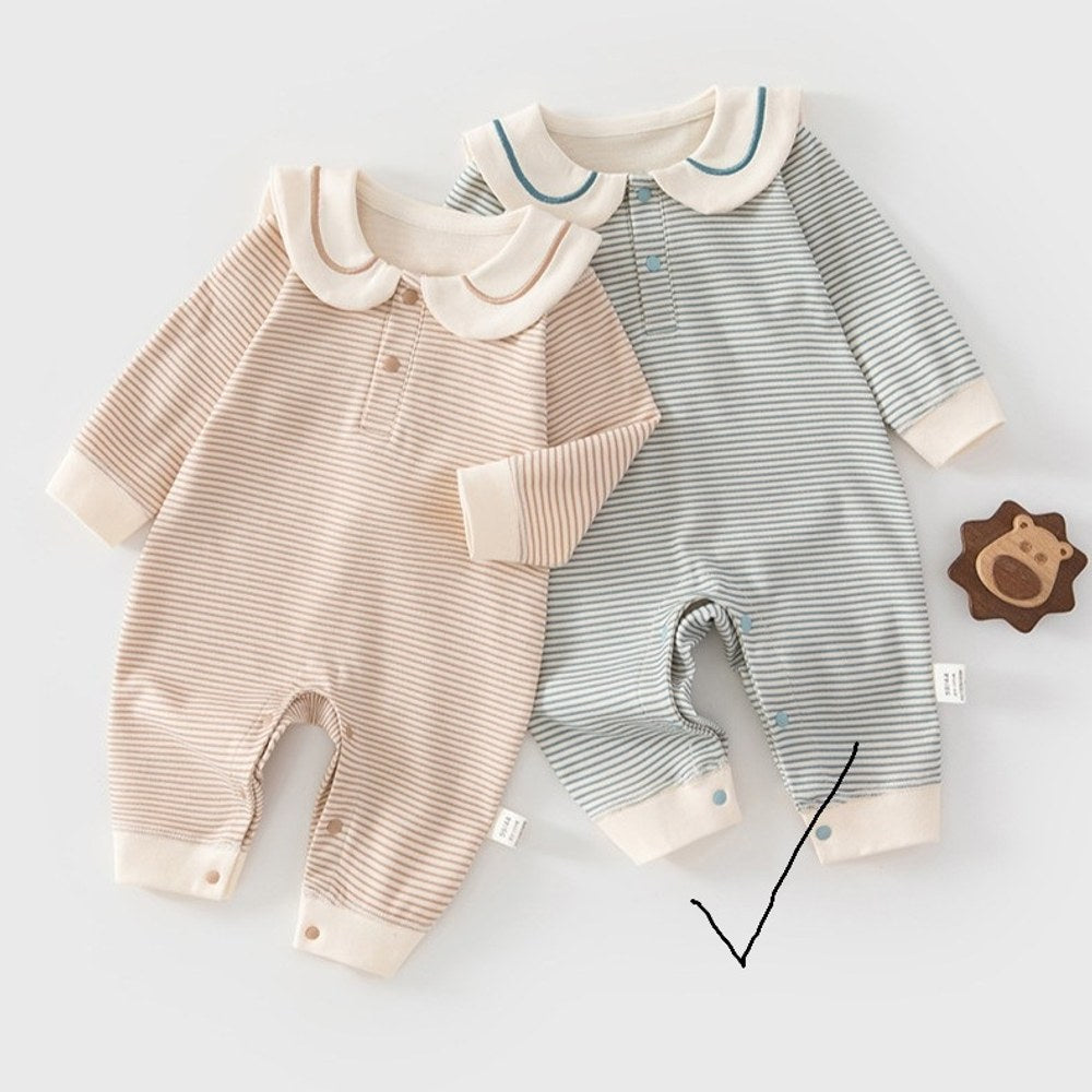 Baby Kids Unisex Long Sleeves Navy Collar Striped Rompers
