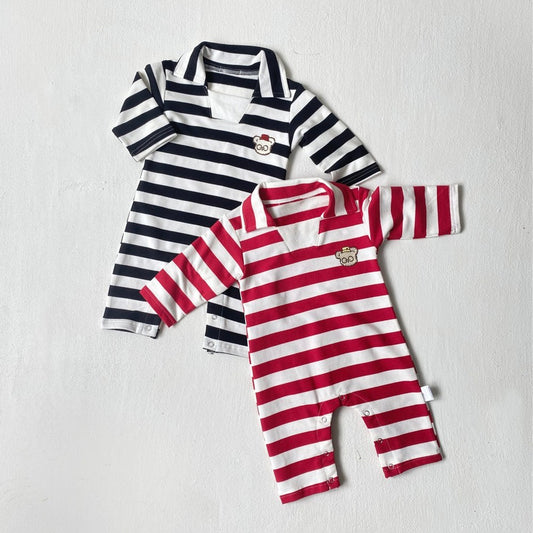 Baby Kids Long Sleeves Turn-down Collar Striped Rompers