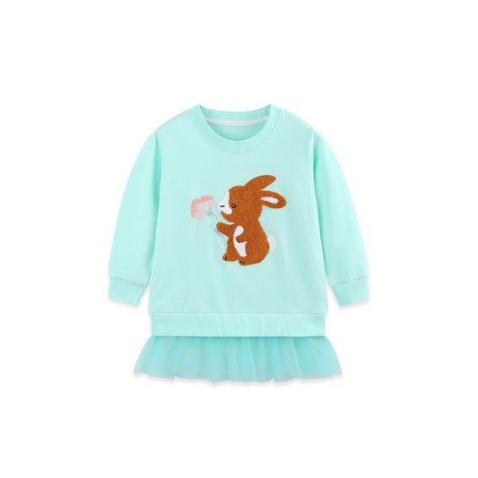 Baby Kids Girls Long Sleeves Cartoon Pattern Tulle Patchwork Dress