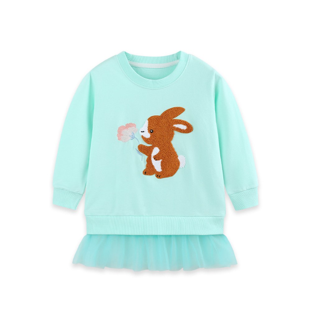 Baby Kids Girls Long Sleeves Cartoon Pattern Tulle Patchwork Dress