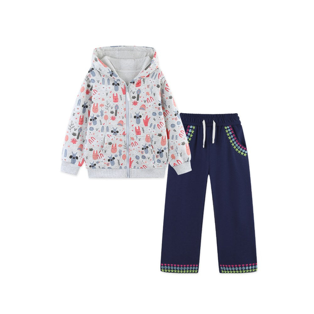 Baby Kids Girls Cartoon Pattern Long Sleeves Coat and Embroidery Pants 2-piece Clothing Set