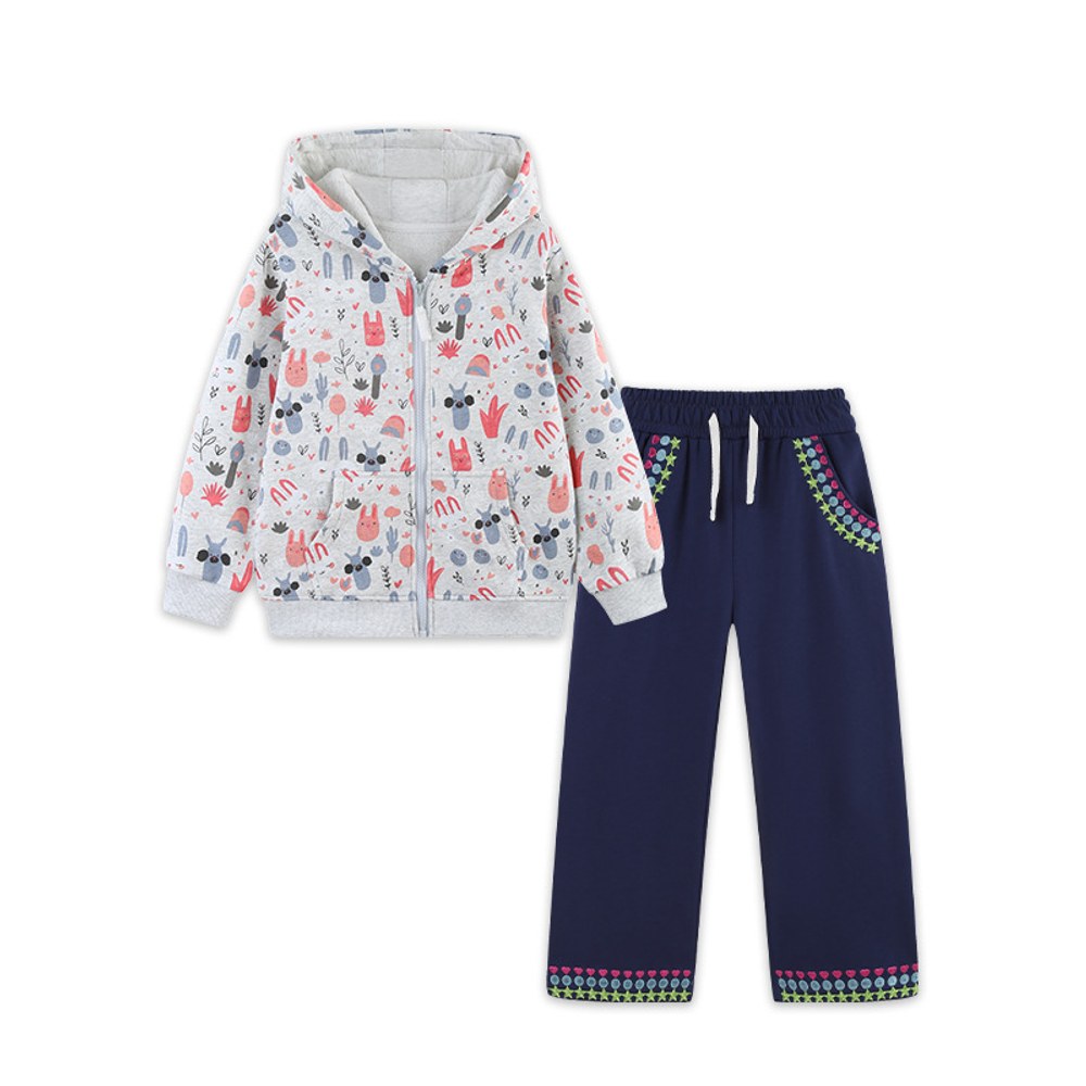 Baby Kids Girls Cartoon Pattern Long Sleeves Coat and Embroidery Pants 2-piece Clothing Set