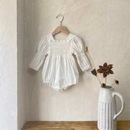 Baby Girls Long Sleeves Solid Color Ear Lace Ruffle Trim Bodysuit
