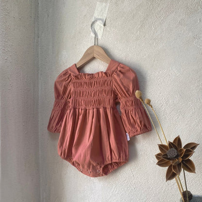 Baby Girls Long Sleeves Solid Color Ear Lace Ruffle Trim Bodysuit