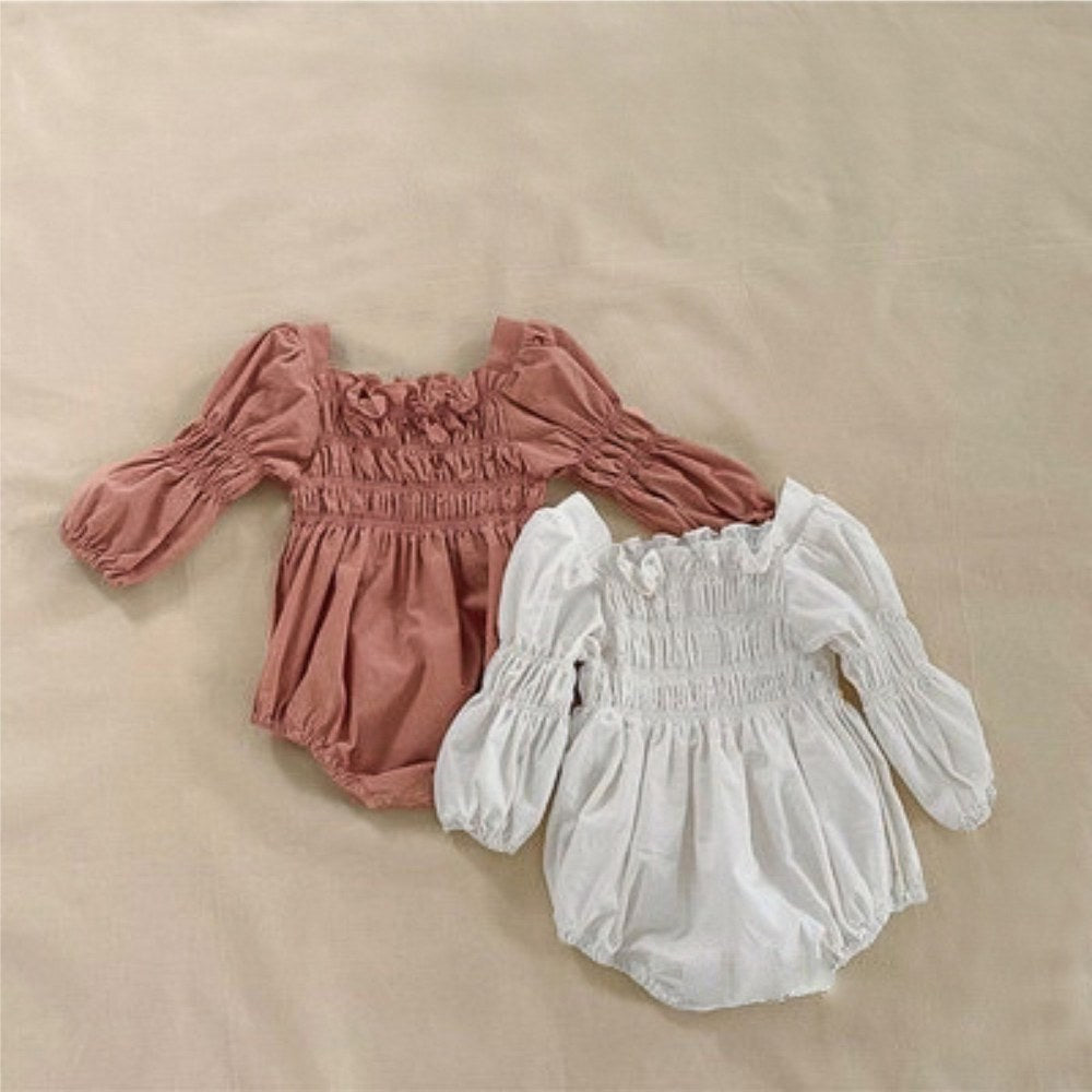 Baby Girls Long Sleeves Solid Color Ear Lace Ruffle Trim Bodysuit