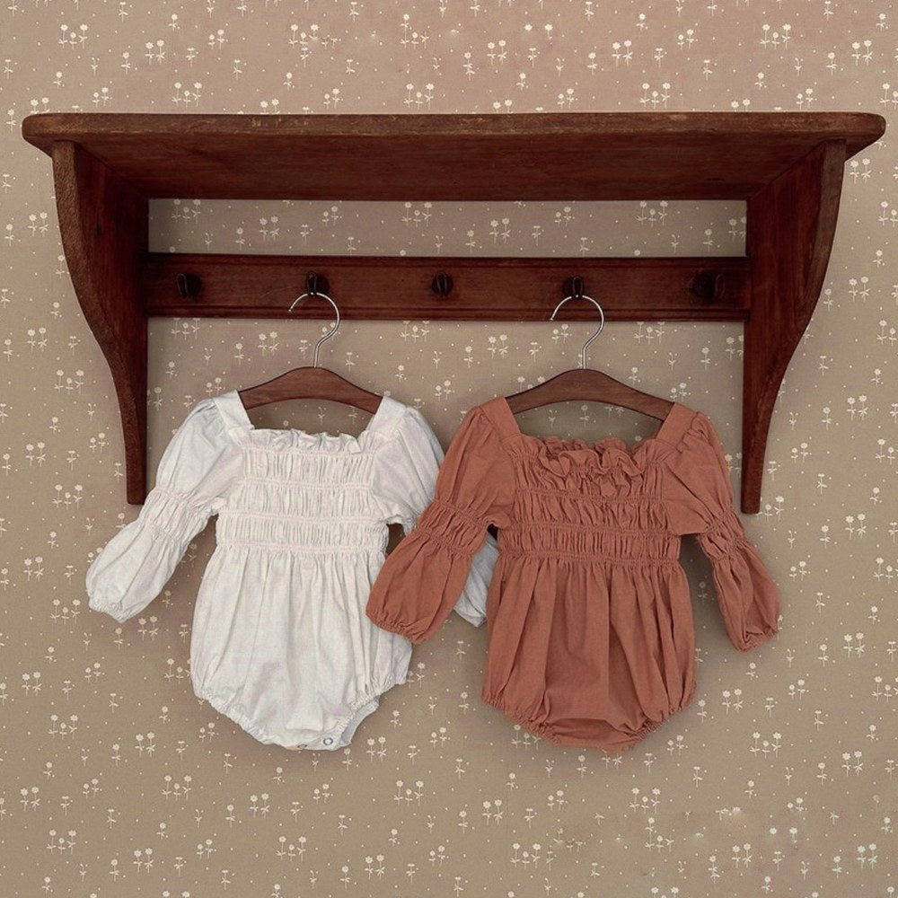 Baby Girls Long Sleeves Solid Color Ear Lace Ruffle Trim Bodysuit