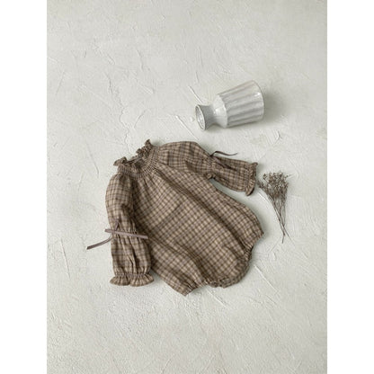 Baby Girls Long Sleeves Vintage Plaid Bloom Collar Bodysuit