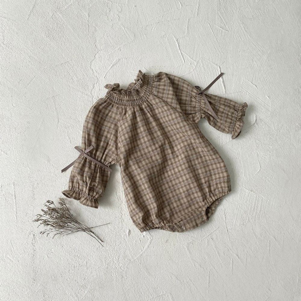 Baby Girls Long Sleeves Vintage Plaid Bloom Collar Bodysuit
