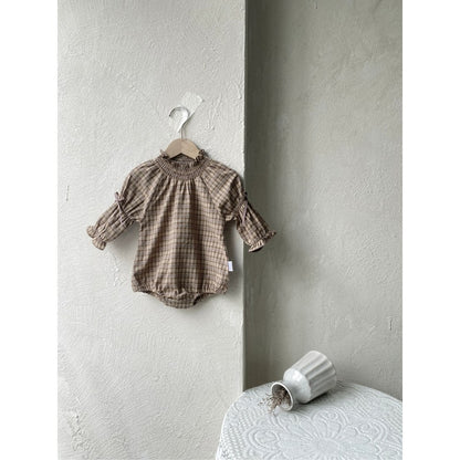 Baby Girls Long Sleeves Vintage Plaid Bloom Collar Bodysuit