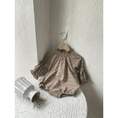 Baby Girls Long Sleeves Vintage Plaid Bloom Collar Bodysuit