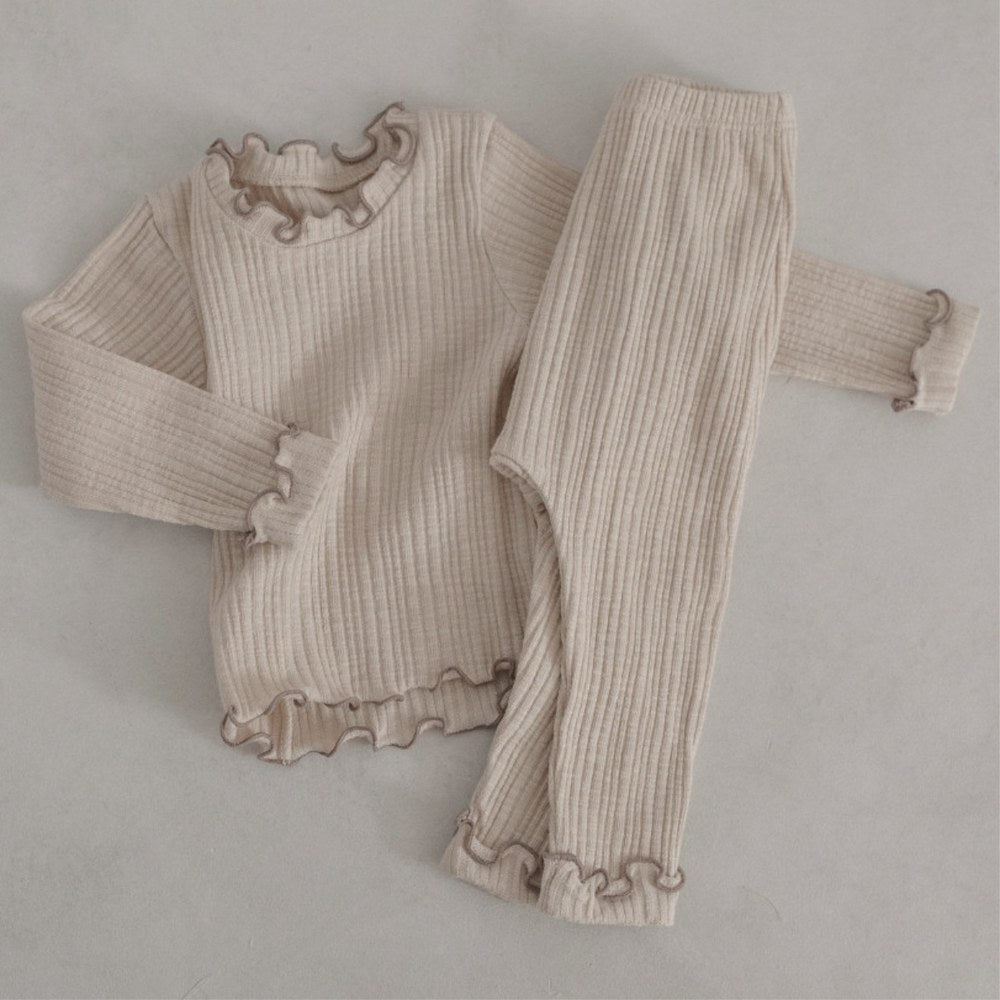 Baby Kids Long Sleeves Ruffle Trim Solid Color Top and Puff Pants 2-piece Pajamas Set