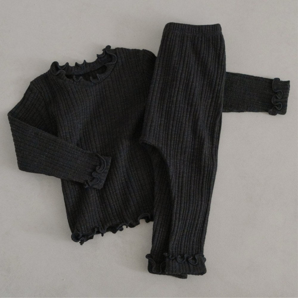 Baby Kids Long Sleeves Ruffle Trim Solid Color Top and Puff Pants 2-piece Pajamas Set