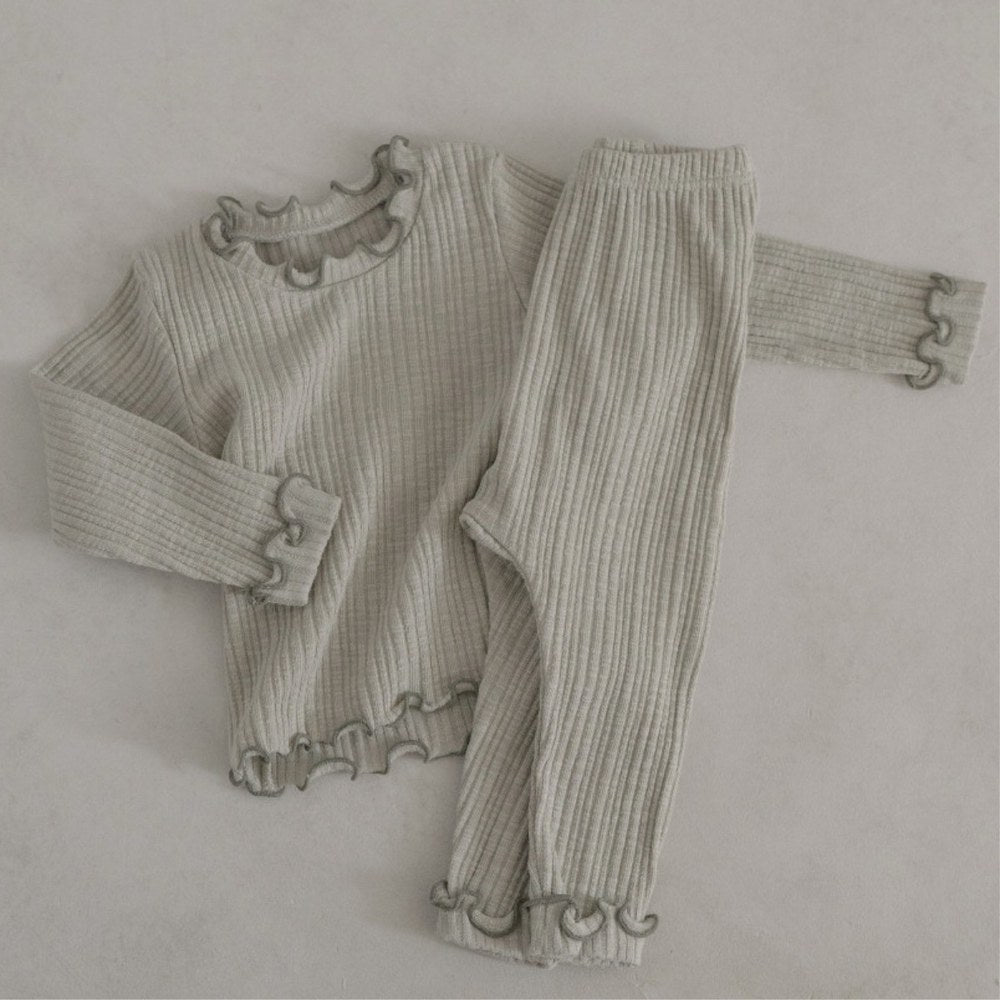 Baby Kids Long Sleeves Ruffle Trim Solid Color Top and Puff Pants 2-piece Pajamas Set