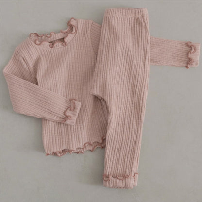 Baby Kids Long Sleeves Ruffle Trim Solid Color Top and Puff Pants 2-piece Pajamas Set