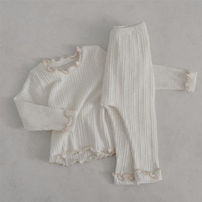 Baby Kids Long Sleeves Ruffle Trim Solid Color Top and Puff Pants 2-piece Pajamas Set