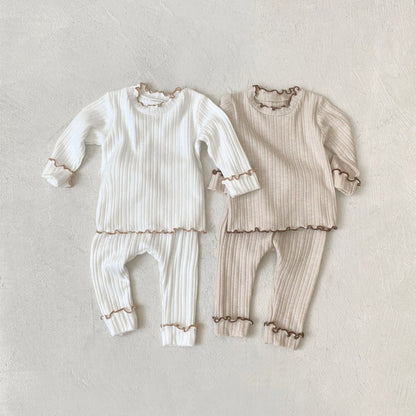 Baby Kids Long Sleeves Ruffle Trim Solid Color Top and Puff Pants 2-piece Pajamas Set
