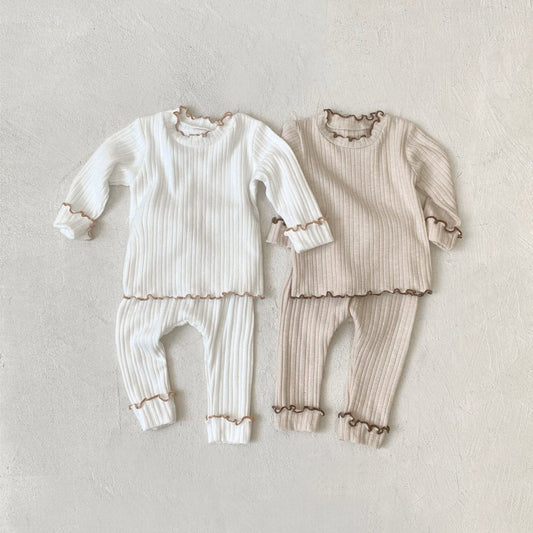 Baby Kids Long Sleeves Ruffle Trim Solid Color Top and Puff Pants 2-piece Pajamas Set