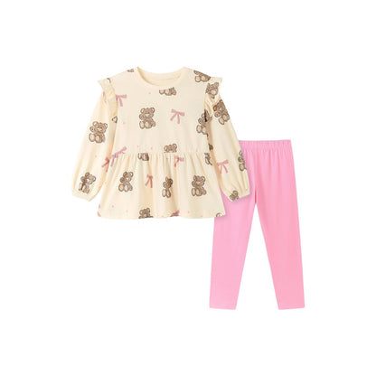 Baby Kids Girls Teddy Bear Pattern Long Sleeves Top and Pants 2-piece Clothing Set