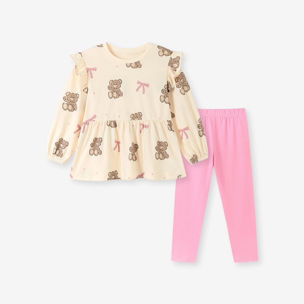 Baby Kids Girls Teddy Bear Pattern Long Sleeves Top and Pants 2-piece Clothing Set