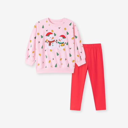 Baby Kids Girls Christmas Cartoon Pattern Long Sleeves Top and Pants 2-piece Clothing Set