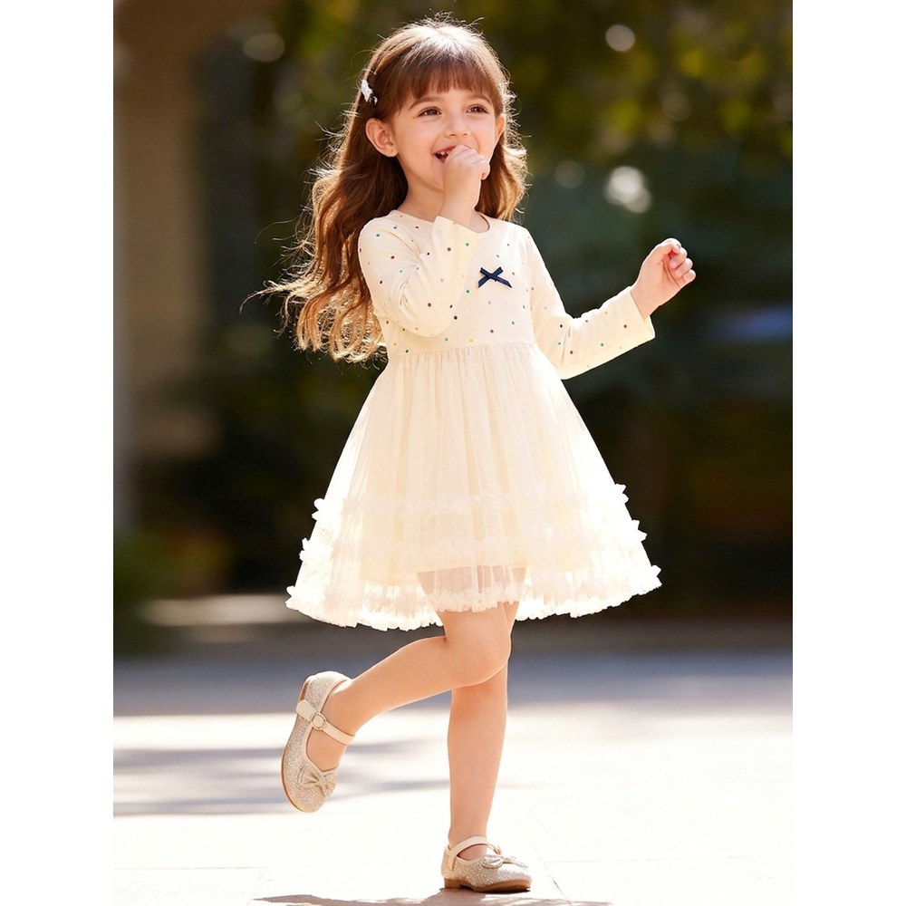 Baby Kids Girls Princess Dots Pattern Long Sleeves Tulle Dress