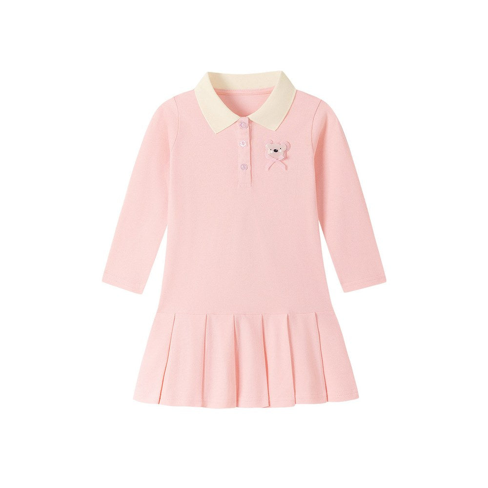 Baby Kids Girls Teddy Bear Pattern Long Sleeves Turn-down Collar Dress