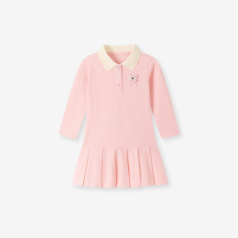 Baby Kids Girls Teddy Bear Pattern Long Sleeves Turn-down Collar Dress
