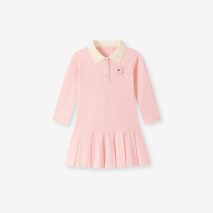 Baby Kids Girls Teddy Bear Pattern Long Sleeves Turn-down Collar Dress