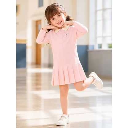 Baby Kids Girls Teddy Bear Pattern Long Sleeves Turn-down Collar Dress