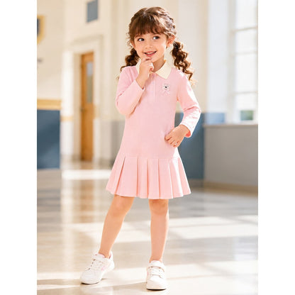 Baby Kids Girls Teddy Bear Pattern Long Sleeves Turn-down Collar Dress