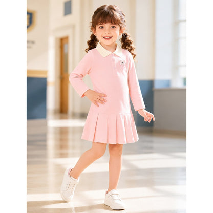 Baby Kids Girls Teddy Bear Pattern Long Sleeves Turn-down Collar Dress