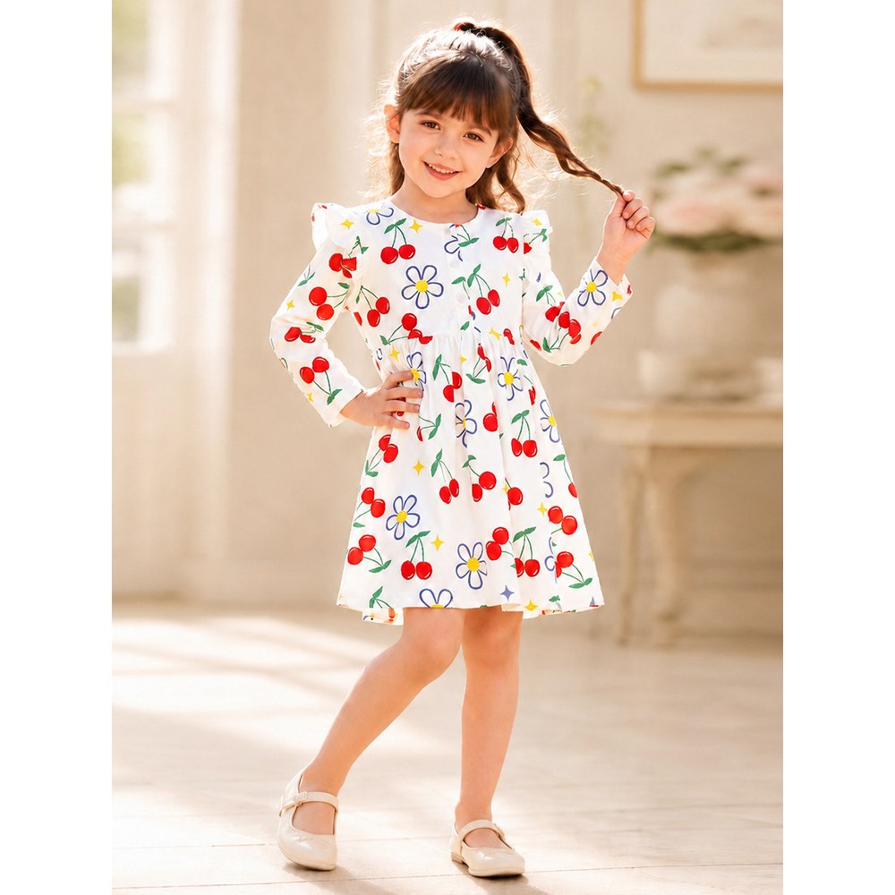 Baby Kids Girls Fruits Pattern Long Sleeves Crew Neck Dress