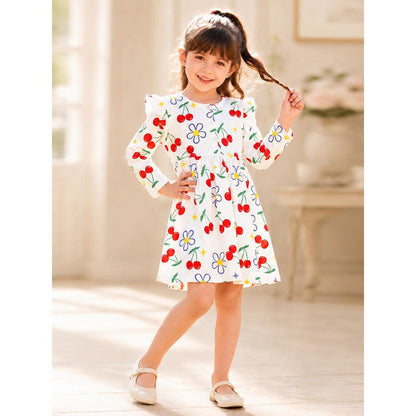 Baby Kids Girls Fruits Pattern Long Sleeves Crew Neck Dress