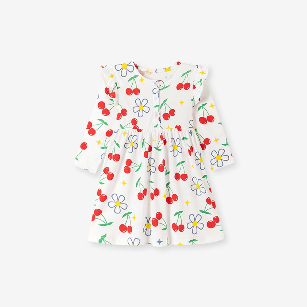 Baby Kids Girls Fruits Pattern Long Sleeves Crew Neck Dress