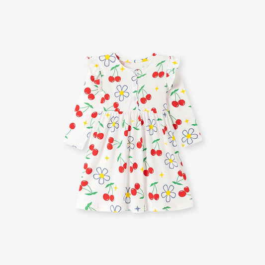 Baby Kids Girls Fruits Pattern Long Sleeves Crew Neck Dress