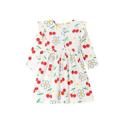 Baby Kids Girls Fruits Pattern Long Sleeves Crew Neck Dress
