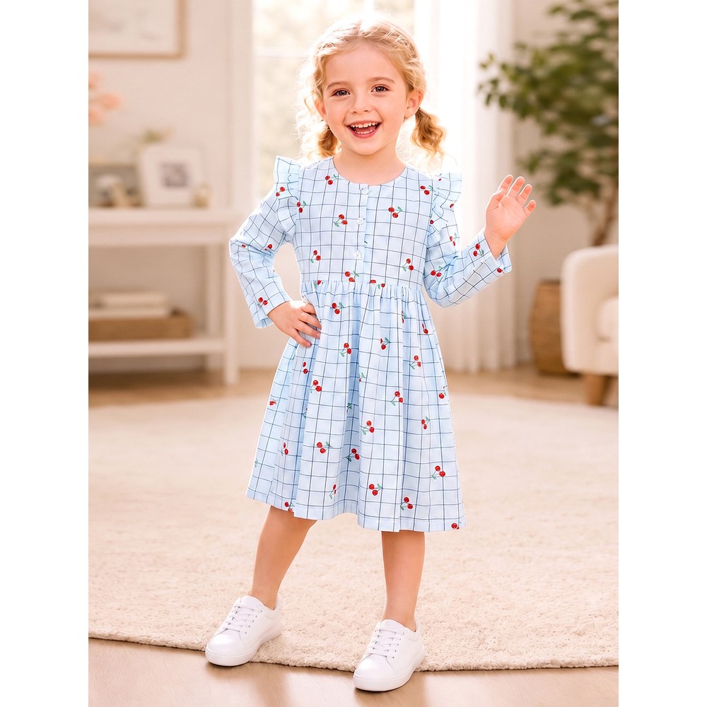 Baby Kids Girls Fruits Pattern Long Sleeves Crew Neck Dress